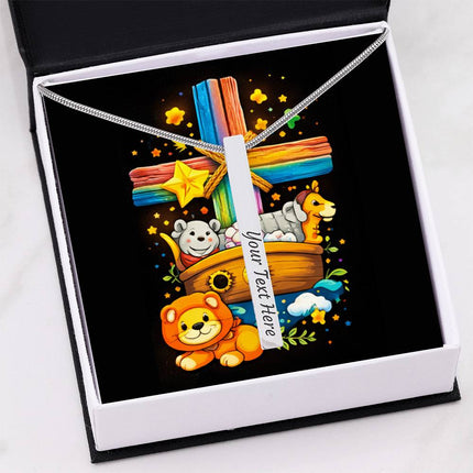 Noah's Ark Rainbow Cross Engraved Bar Necklace – Christian Gift for Kids