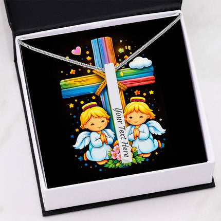 Praying Angels Rainbow Cross Engraved Bar Necklace – Christian Gift for Kids