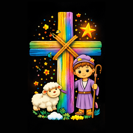 Shepherd Boy & Lamb Rainbow Cross Engraved Bar Necklace – Christian Gift for Kids