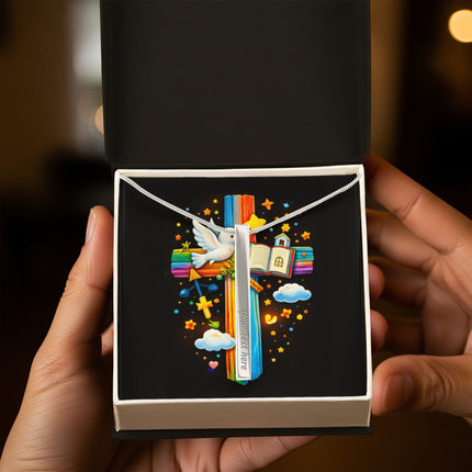 Rainbow Cross Open Bible | Christian Engraved 4-Sided Stick Necklace | Gift for Kids