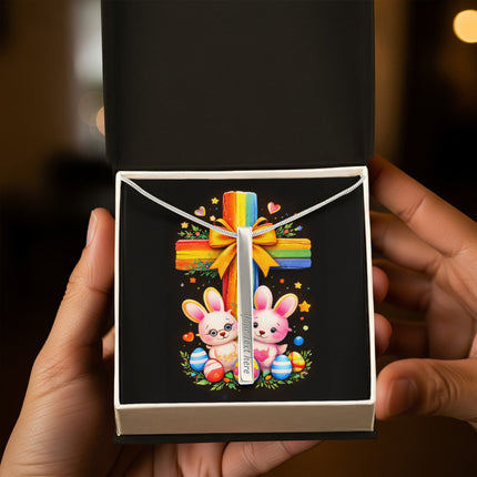 Rainbow Cross Bunnies | Christian Engraved 4-Sided Stick Necklace | Gift for Kids