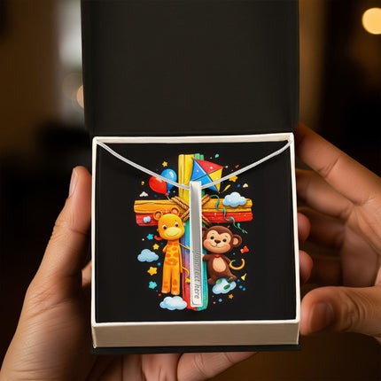 Rainbow Cross Jungle Animals | Christian Engraved 4-Sided Stick Necklace | Gift for Kids