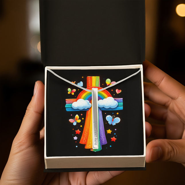 Rainbow & Clouds Cross Engraved Bar Necklace – Christian Gift for Kids