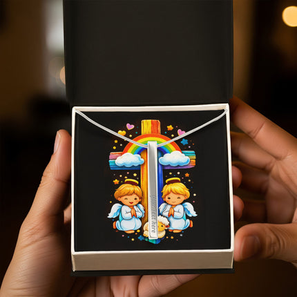 Rainbow Cross Cherub Angels | Christian Engraved 4-Sided Stick Necklace | Gift for Kids
