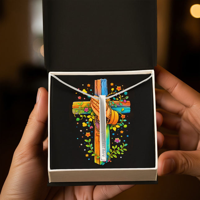 Praying Hands & Rosary Rainbow Cross Engraved Bar Necklace – Christian Gift for Kids