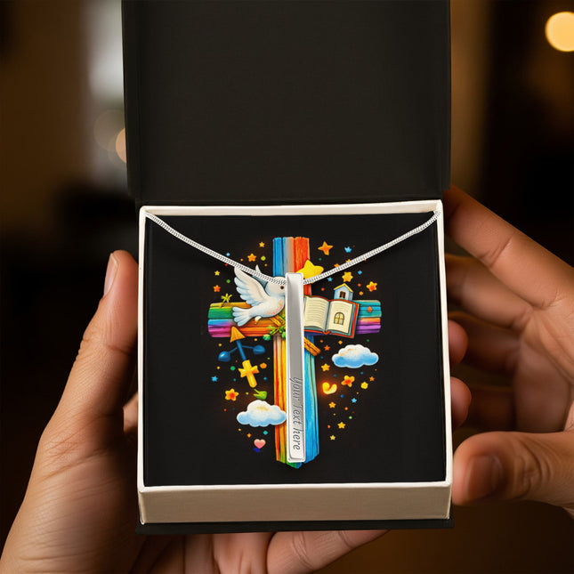 Dove & Open Bible Rainbow Cross Engraved Bar Necklace – Christian Gift for Kids