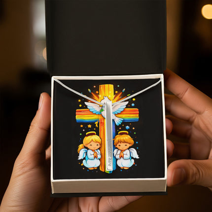Rainbow Cross Angels And Dove | Christian Engraved 4-Sided Stick Necklace | Gift for Kids