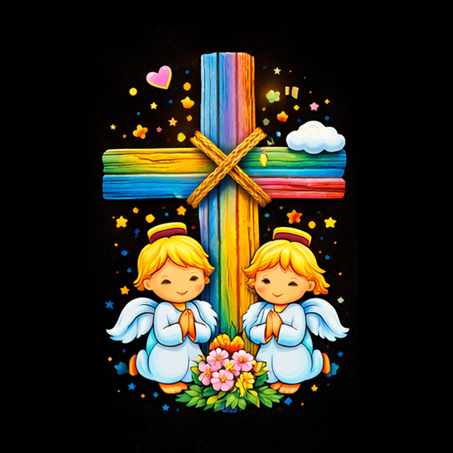 Praying Angels Rainbow Cross Engraved Bar Necklace – Christian Gift for Kids