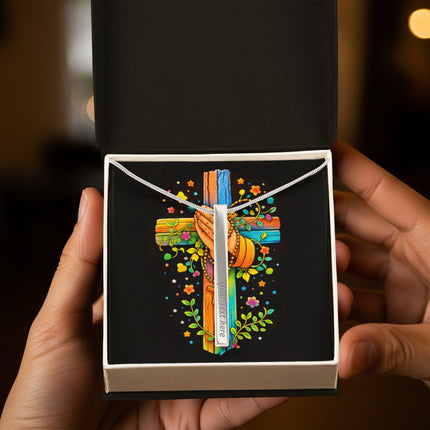 Rainbow Cross Praying Hands | Christian Engraved 4-Sided Stick Necklace | Gift for Kids
