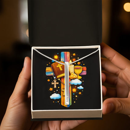 Rainbow Cross Bible And Cross | Christian Engraved 4-Sided Stick Necklace | Gift for Kids