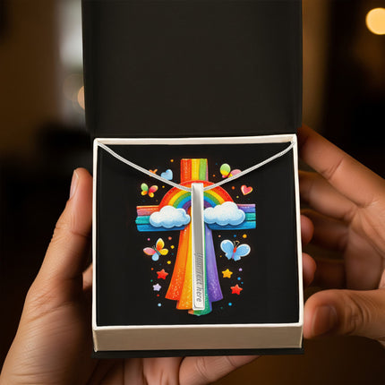 Rainbow Cross Butterfly | Christian Engraved 4-Sided Stick Necklace | Gift for Kids