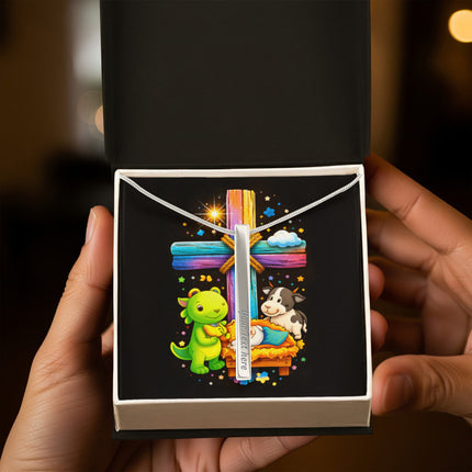 Rainbow Cross Frog And Cow | Christian Engraved 4-Sided Stick Necklace | Gift for Kids