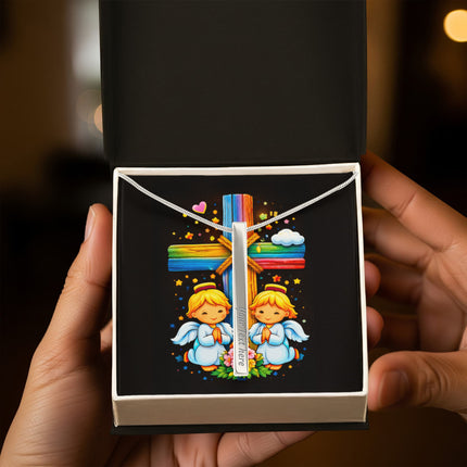Rainbow Cross Angel Twins | Christian Engraved 4-Sided Stick Necklace | Gift for Kids