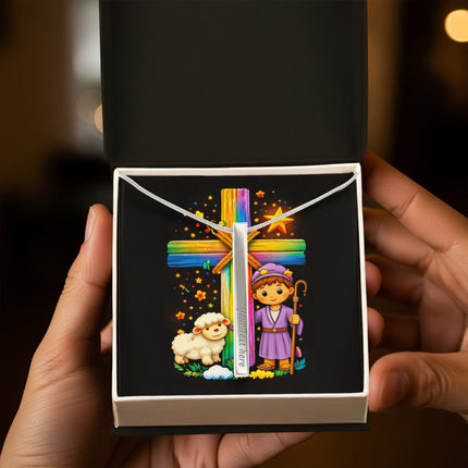 Rainbow Cross Little Shepherd | Christian Engraved 4-Sided Stick Necklace | Gift for Kids