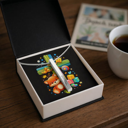 Rainbow Cross Little Fox | Christian Engraved 4-Sided Stick Necklace | Gift for Kids