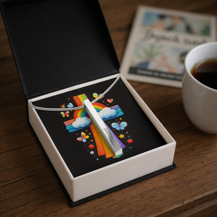 Rainbow Cross Butterfly | Christian Engraved 4-Sided Stick Necklace | Gift for Kids