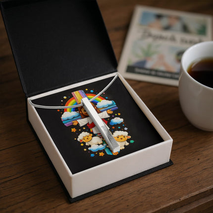 Rainbow Cross Jesus And Lamb | Christian Engraved 4-Sided Stick Necklace | Gift for Kids