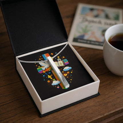 Rainbow Cross Open Bible | Christian Engraved 4-Sided Stick Necklace | Gift for Kids