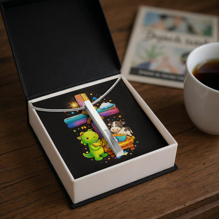 Rainbow Cross Frog And Cow | Christian Engraved 4-Sided Stick Necklace | Gift for Kids