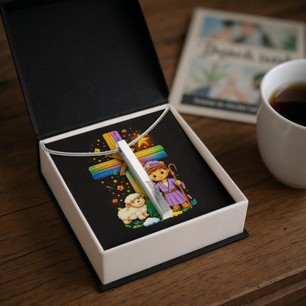Rainbow Cross Little Shepherd | Christian Engraved 4-Sided Stick Necklace | Gift for Kids