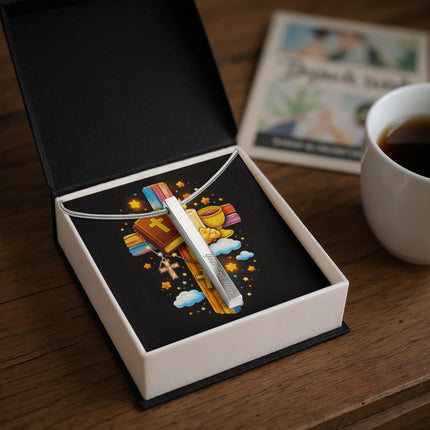 Rainbow Cross Bible And Cross | Christian Engraved 4-Sided Stick Necklace | Gift for Kids
