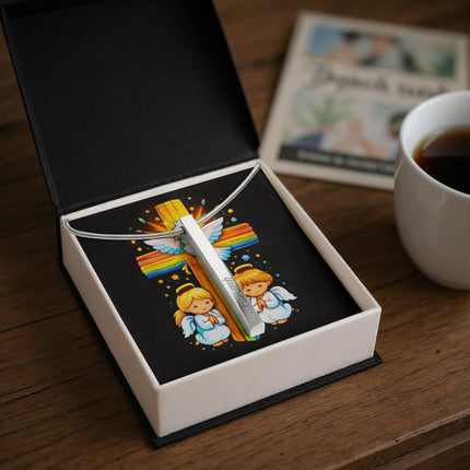 Rainbow Cross Angels And Dove | Christian Engraved 4-Sided Stick Necklace | Gift for Kids