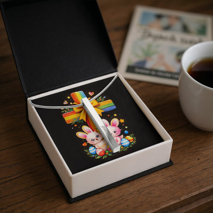 Rainbow Cross Bunnies | Christian Engraved 4-Sided Stick Necklace | Gift for Kids