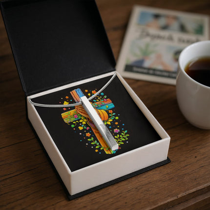 Rainbow Cross Praying Hands | Christian Engraved 4-Sided Stick Necklace | Gift for Kids