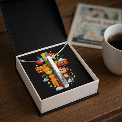 Rainbow Cross Jungle Animals | Christian Engraved 4-Sided Stick Necklace | Gift for Kids