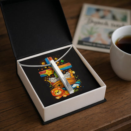 Rainbow Cross Noahs Ark | Christian Engraved 4-Sided Stick Necklace | Gift for Kids