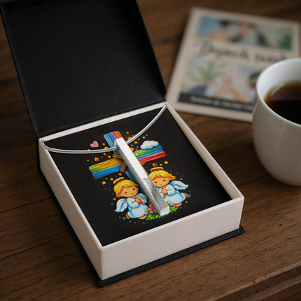 Rainbow Cross Angel Twins | Christian Engraved 4-Sided Stick Necklace | Gift for Kids