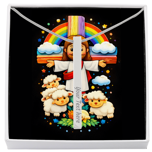 Jesus And Little Lambs | Christian Engraved 4-Sided Stick Necklace | Gift for Kids