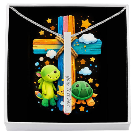 Rainbow Cross Turtle | Christian Engraved 4-Sided Stick Necklace | Gift for Kids