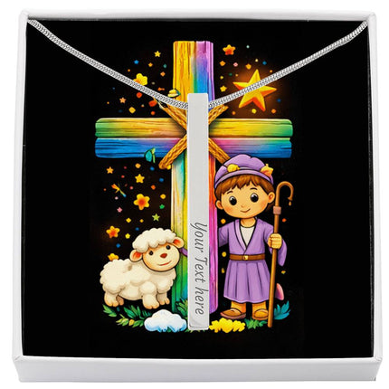 Rainbow Cross Little Shepherd | Christian Engraved 4-Sided Stick Necklace | Gift for Kids