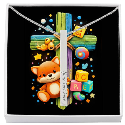 Rainbow Cross Little Fox | Christian Engraved 4-Sided Stick Necklace | Gift for Kids
