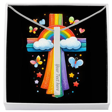 Rainbow Cross Butterfly | Christian Engraved 4-Sided Stick Necklace | Gift for Kids