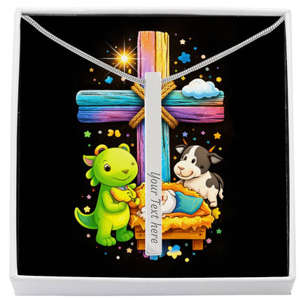 Rainbow Cross Frog And Cow | Christian Engraved 4-Sided Stick Necklace | Gift for Kids