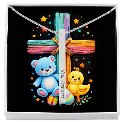 Rainbow Cross Teddy Bear | Christian Engraved 4-Sided Stick Necklace | Gift for Kids