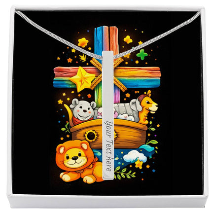 Rainbow Cross Noahs Ark | Christian Engraved 4-Sided Stick Necklace | Gift for Kids