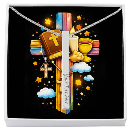 Rainbow Cross Bible And Cross | Christian Engraved 4-Sided Stick Necklace | Gift for Kids