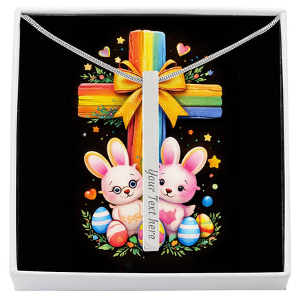 Rainbow Cross Bunnies | Christian Engraved 4-Sided Stick Necklace | Gift for Kids