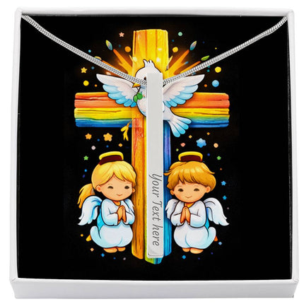 Rainbow Cross Angels And Dove | Christian Engraved 4-Sided Stick Necklace | Gift for Kids