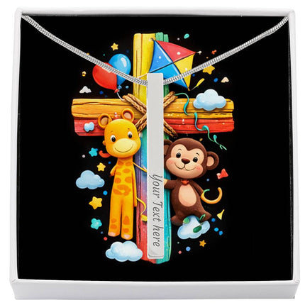 Rainbow Cross Jungle Animals | Christian Engraved 4-Sided Stick Necklace | Gift for Kids