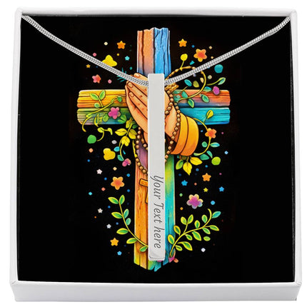 Rainbow Cross Praying Hands | Christian Engraved 4-Sided Stick Necklace | Gift for Kids