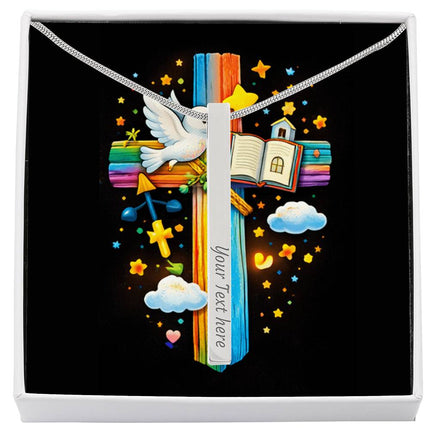 Rainbow Cross Open Bible | Christian Engraved 4-Sided Stick Necklace | Gift for Kids