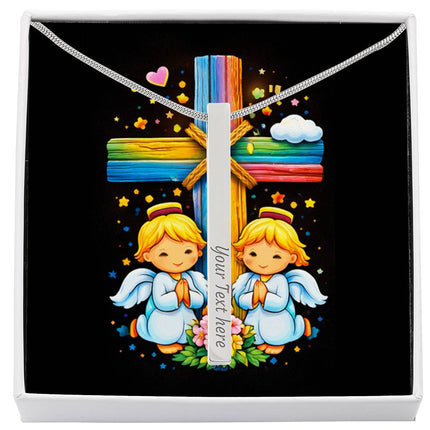 Rainbow Cross Angel Twins | Christian Engraved 4-Sided Stick Necklace | Gift for Kids