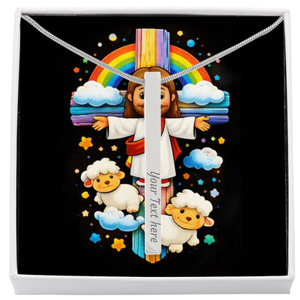Rainbow Cross Jesus And Lamb | Christian Engraved 4-Sided Stick Necklace | Gift for Kids
