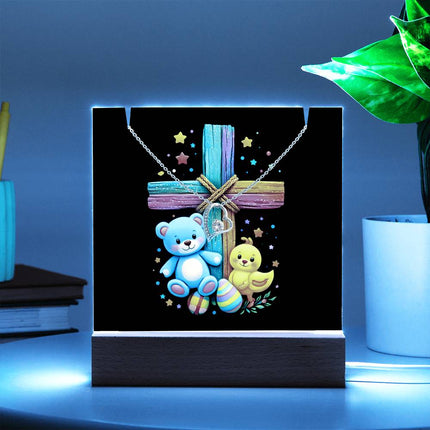 Rainbow Cross Teddy Bear | Christian Keepsake Acrylic Bundle Forever Necklace | Gift for Kids