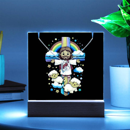 Rainbow Cross Jesus And Lamb | Christian Keepsake Acrylic Bundle Forever Necklace | Gift for Kids