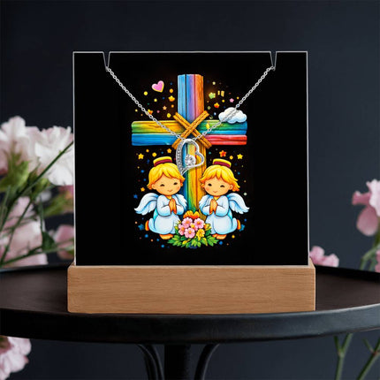 Rainbow Cross Angel Twins | Christian Keepsake Acrylic Bundle Forever Necklace | Gift for Kids